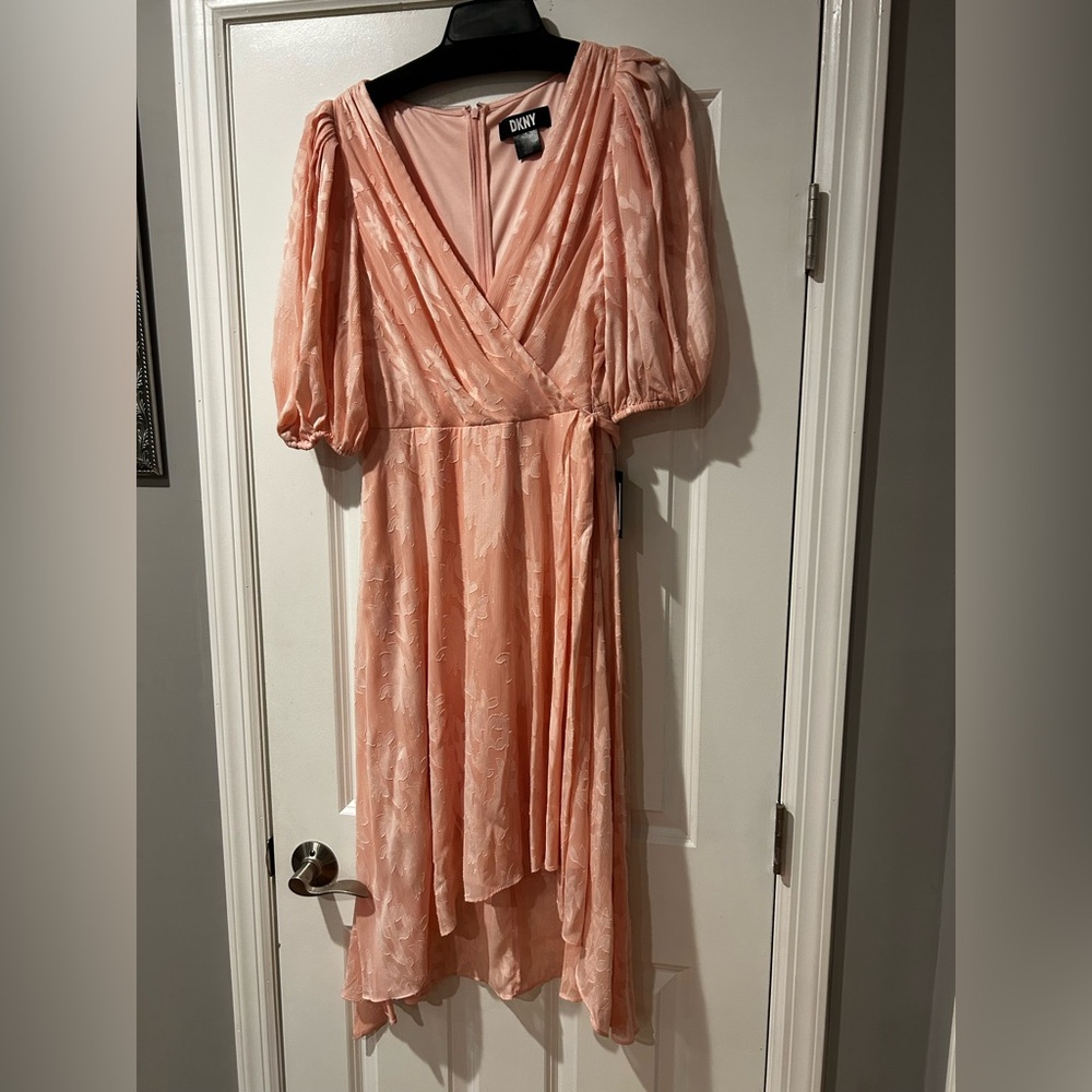 DKNY Pink Asymmetrical Wrap Sundress with Bishop Sleeves
